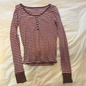 Brandy Melville Pink and Brown Striped Henley Long-Sleeve Top